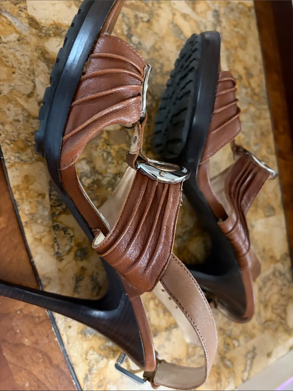 Michael Kors Brown Leather T-Strap Heeled Sandals with Silver Accents